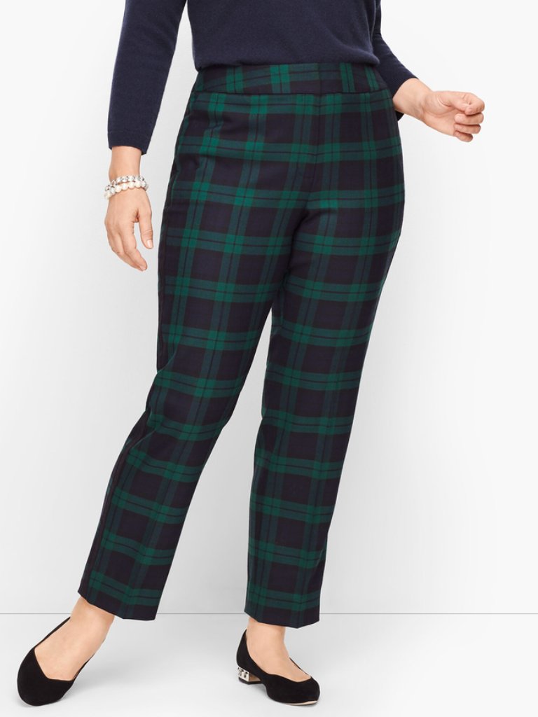 Talbots Plaid Pants Black Watch Tartan Green Blue Hampshire Slim Leg Trouser
